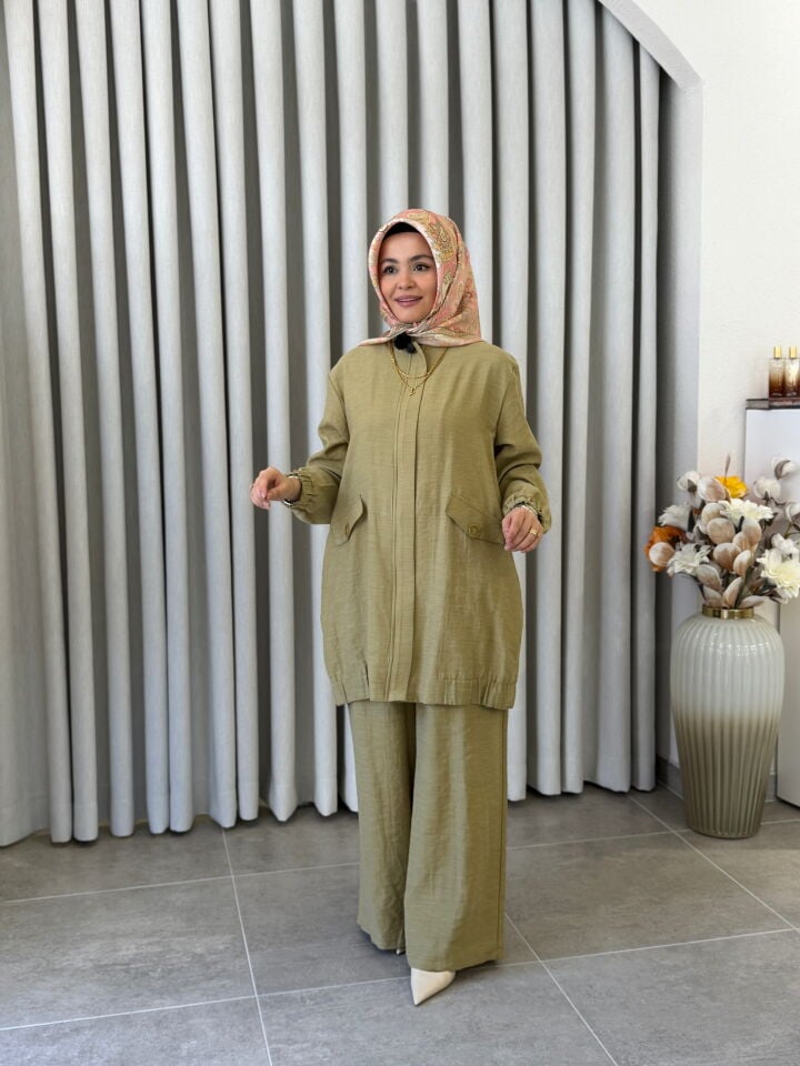 ARMİNE TENCEL PANTOLONLU TAKIM YAĞ YEŞİLİ