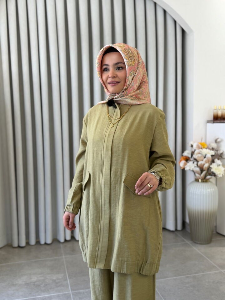 ARMİNE TENCEL PANTOLONLU TAKIM YAĞ YEŞİLİ
