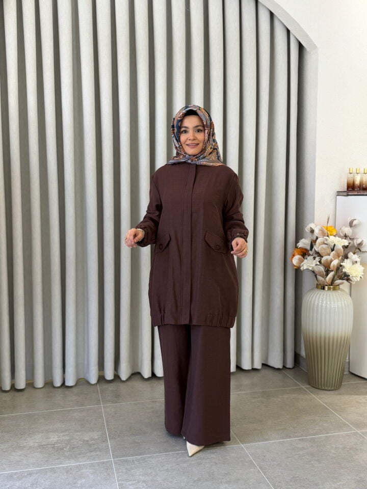 ARMİNE TENCEL PANTOLONLU TAKIM KAHVERENGİ