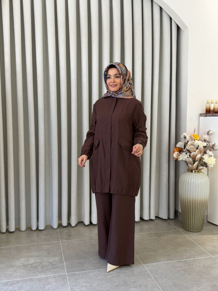 ARMİNE TENCEL PANTOLONLU TAKIM KAHVERENGİ