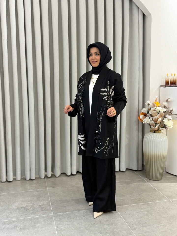 TIĞ TRİKO DESENLİ KETEN 3'LÜ TAKIM SİYAH