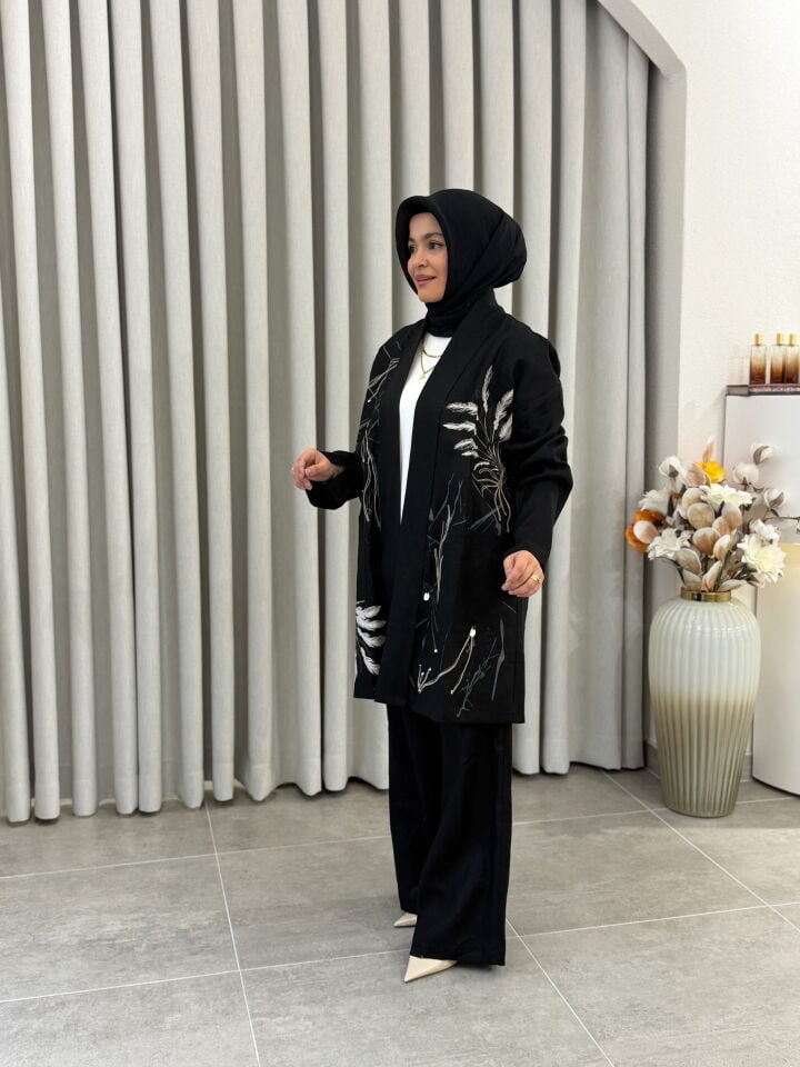 TIĞ TRİKO DESENLİ KETEN 3'LÜ TAKIM SİYAH