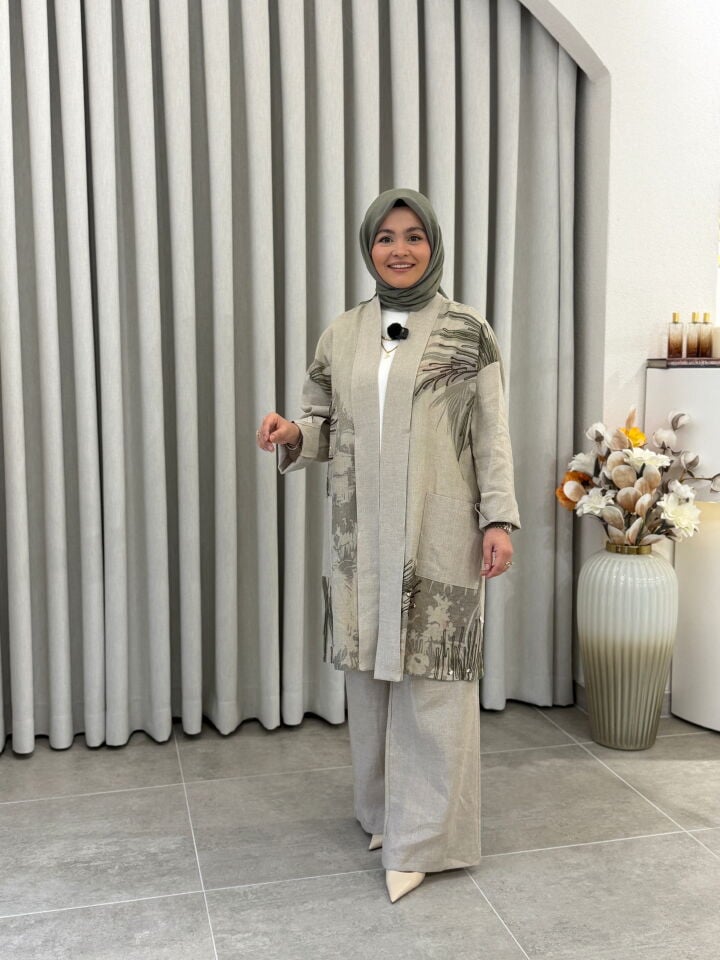 TIĞ TRİKO DESENLİ KETEN 3'LÜ TAKIM BEJ