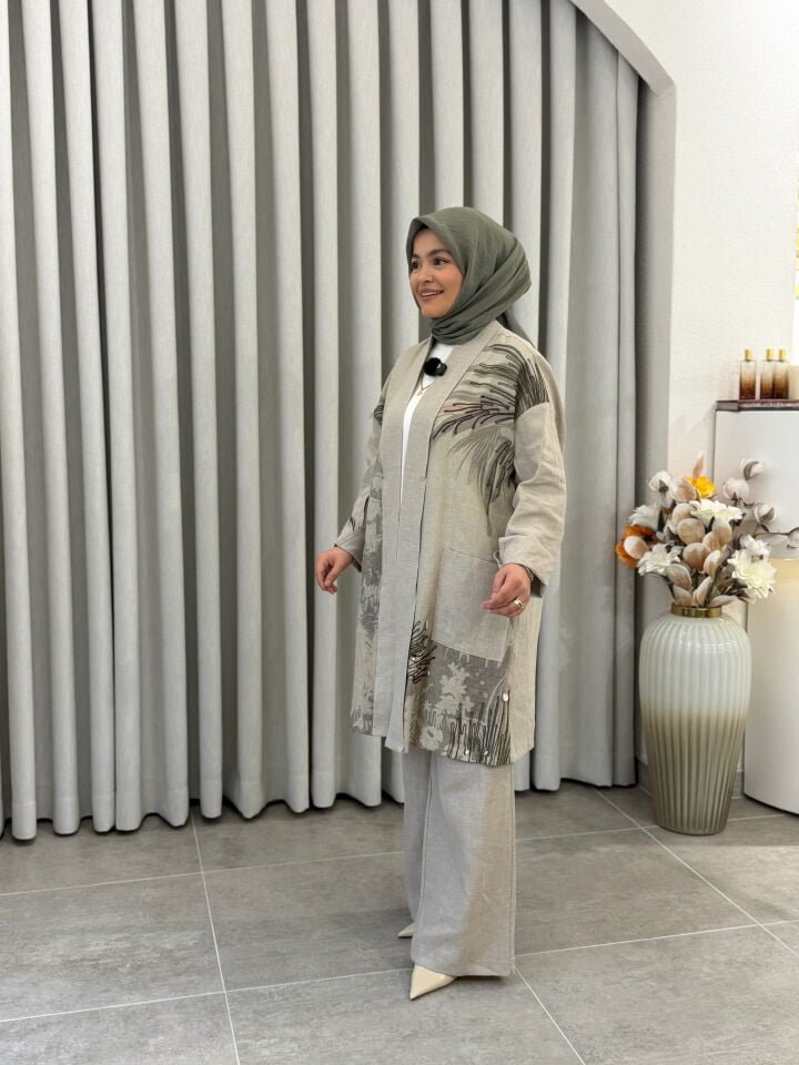 TIĞ TRİKO DESENLİ KETEN 3'LÜ TAKIM BEJ