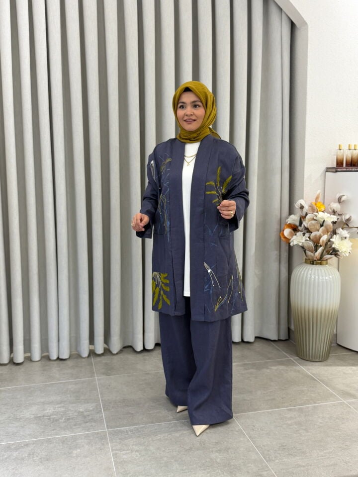 TIĞ TRİKO DESENLİ KETEN 3'LÜ TAKIM İNDİGO