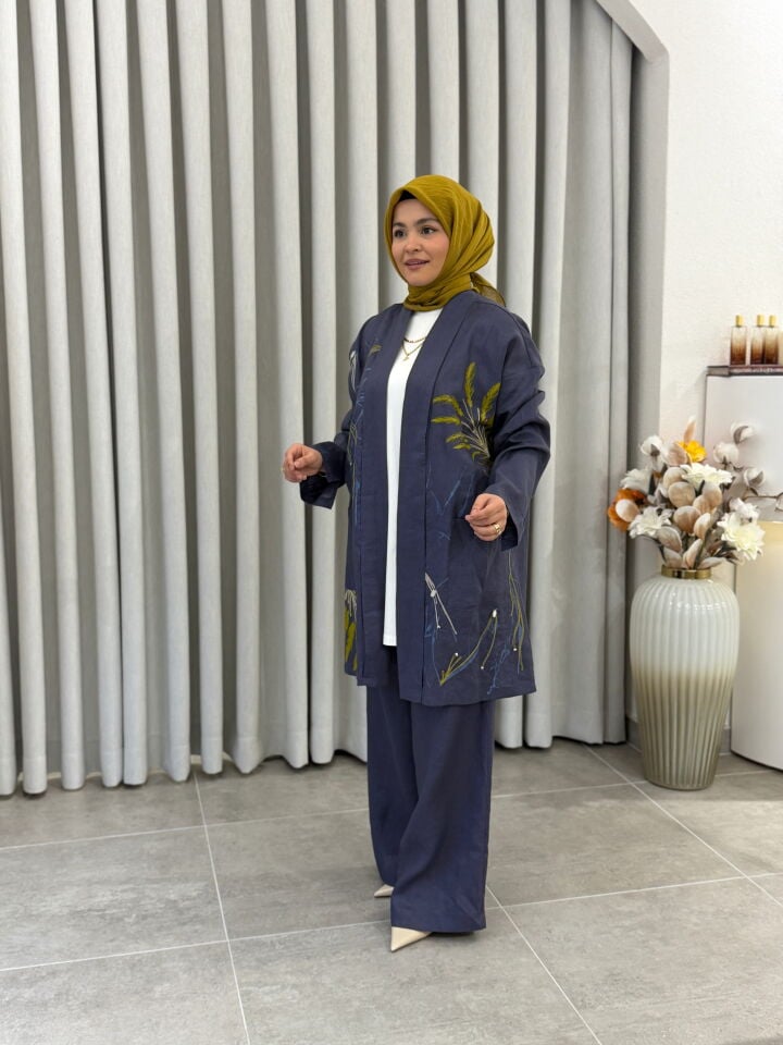 TIĞ TRİKO DESENLİ KETEN 3'LÜ TAKIM İNDİGO