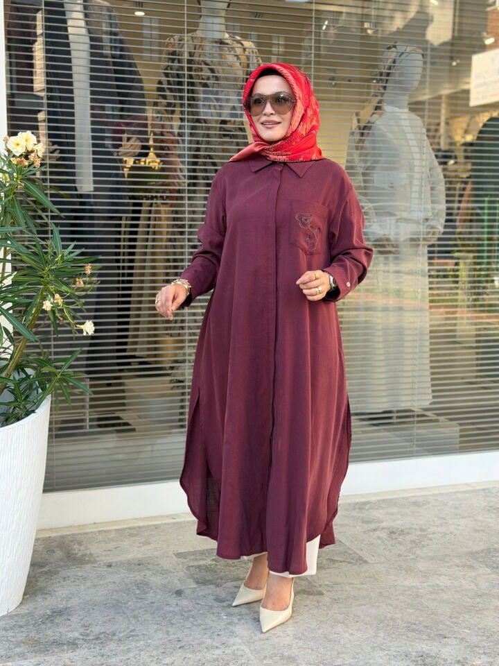 ARMİNE TREND PAMUK TENCEL KUMAŞ TAM BOY GÖMLEK BORDO