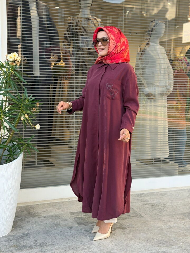 ARMİNE TREND PAMUK TENCEL KUMAŞ TAM BOY GÖMLEK BORDO