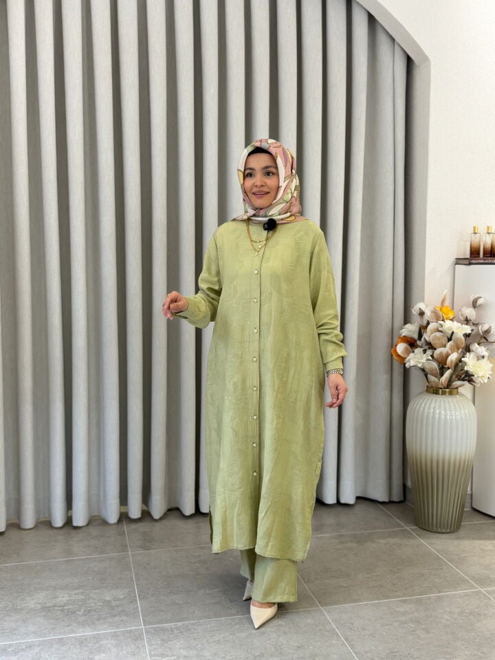 KADO DESENLİ PAMUK TENCEL PANTALONLU TAKIM YAĞ YEŞİLİ