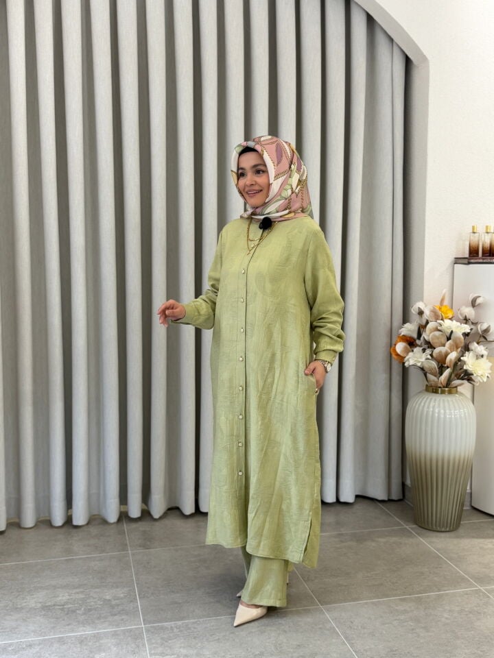 KADO DESENLİ PAMUK TENCEL PANTALONLU TAKIM YAĞ YEŞİLİ