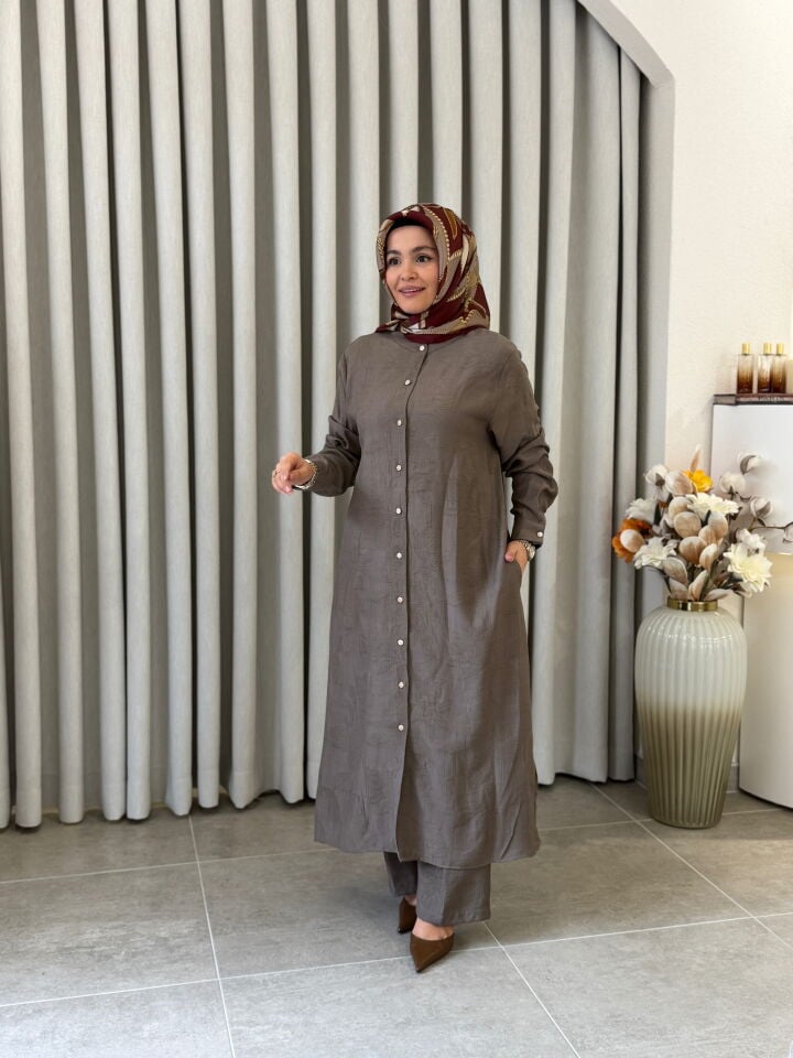 KADO DESENLİ PAMUK TENCEL PANTALONLU TAKIM VİZON