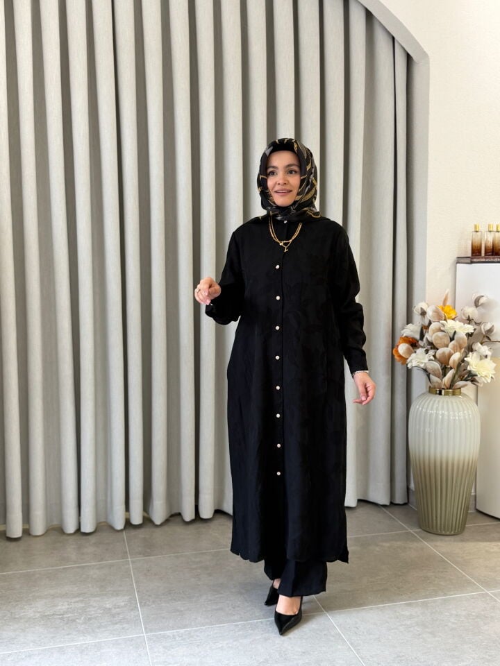 KADO DESENLİ PAMUK TENCEL PANTALONLU TAKIM SİYAH