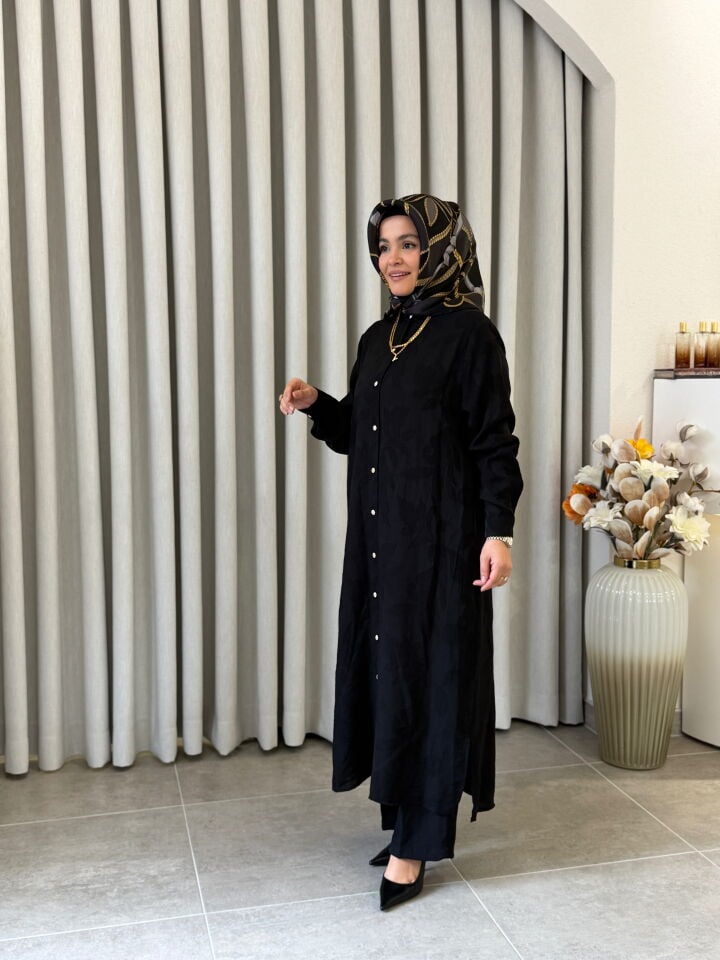 KADO DESENLİ PAMUK TENCEL PANTALONLU TAKIM SİYAH