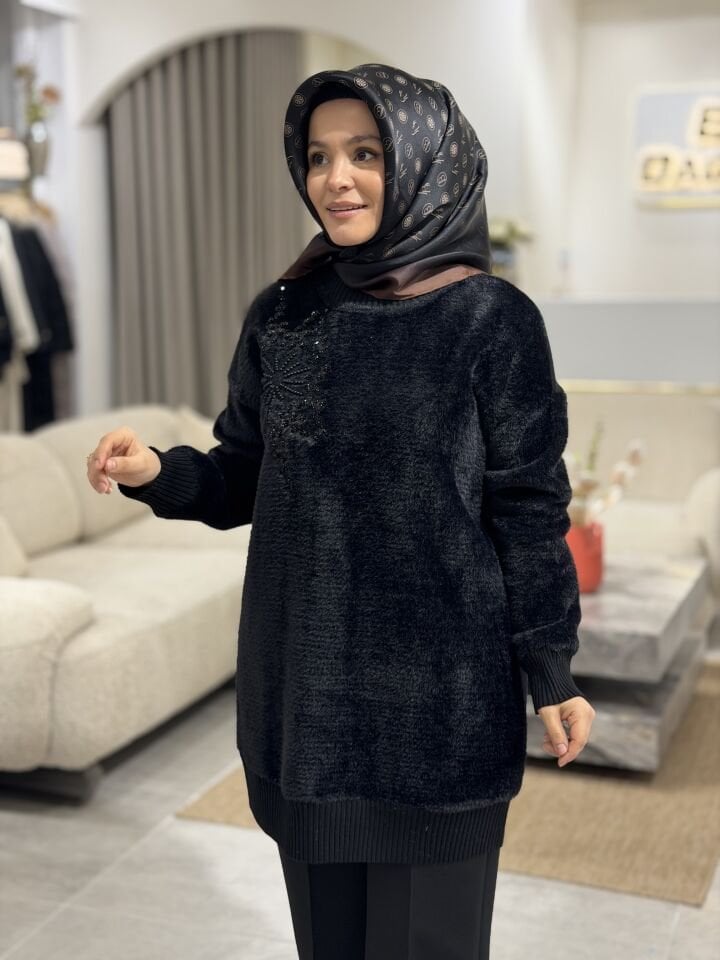 TIĞ TRİKO KÜRK KOMBİNLİ İŞLEME TRİKO TUNİK SİYAH