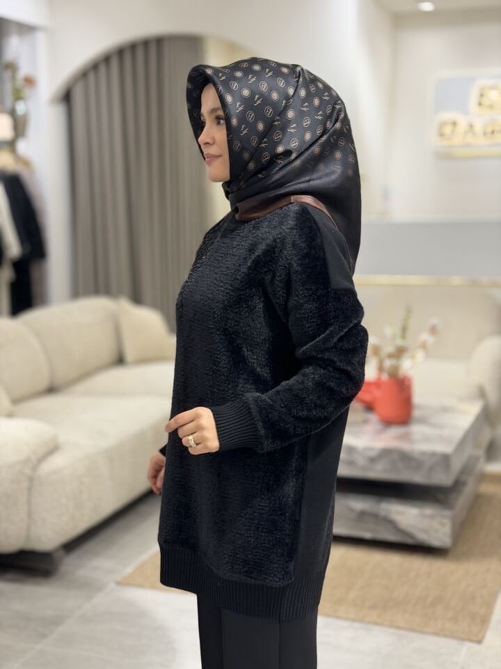 TIĞ TRİKO KÜRK KOMBİNLİ İŞLEME TRİKO TUNİK SİYAH