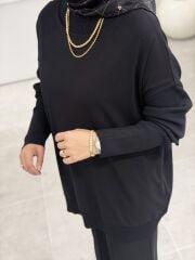 TIĞ TRİKO ÖNÜ KUMAŞ ARKA ÇELİK ÖRME BLUZ SİYAH