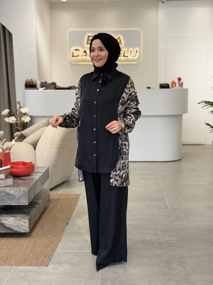 TIĞ TRİKO ŞIK PANTOLONLU LEOPAR TAKIM SİYAH