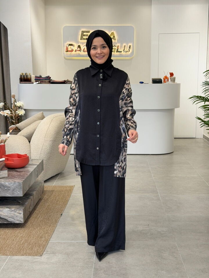 TIĞ TRİKO ŞIK PANTOLONLU LEOPAR TAKIM SİYAH