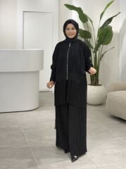 YAQA TÜL DETAYLI CEKET PANTOLONLU TASARIM TAKIM SİYAH