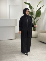 YAQA TÜL DETAYLI CEKET PANTOLONLU TASARIM TAKIM SİYAH