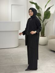 YAQA TÜL DETAYLI CEKET PANTOLONLU TASARIM TAKIM SİYAH