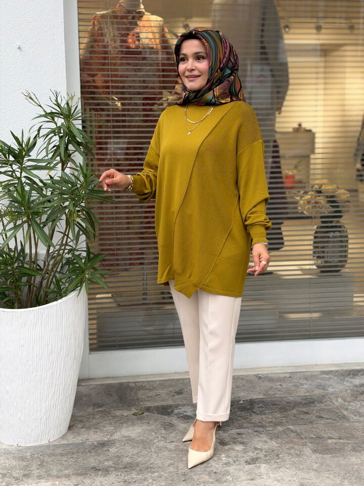 TIĞ TRİKO ÖRGÜ DETAYLI RAYON TUNİK OLİVE