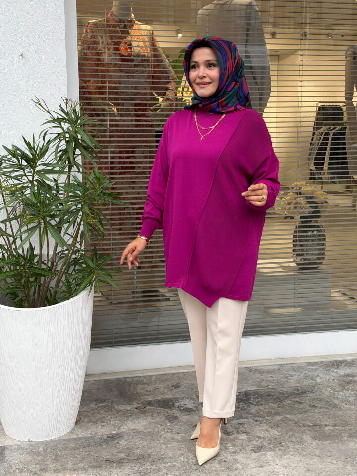 TIĞ TRİKO ÖRGÜ DETAYLI RAYON TUNİK FUŞYA