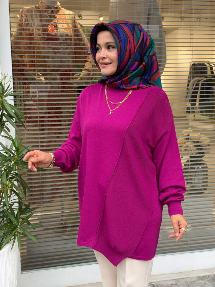 TIĞ TRİKO ÖRGÜ DETAYLI RAYON TUNİK FUŞYA