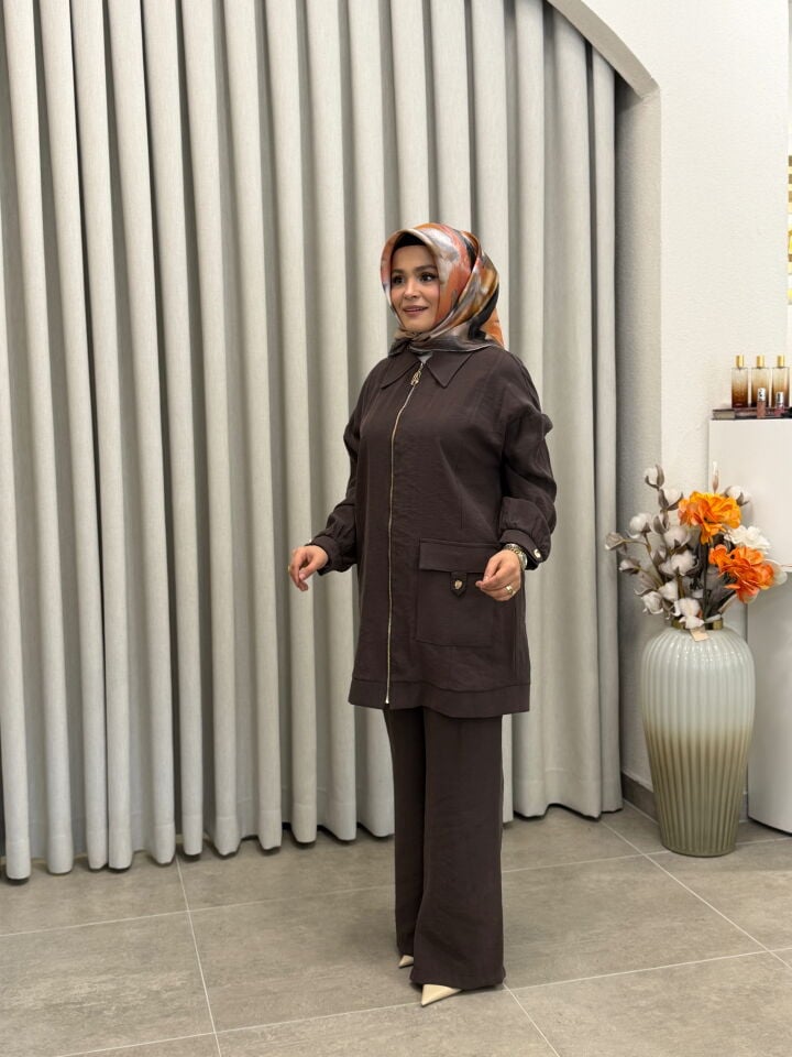 ARMİNE TREND TENCEL PANTALONLU TAKIM KAHVERENGİ