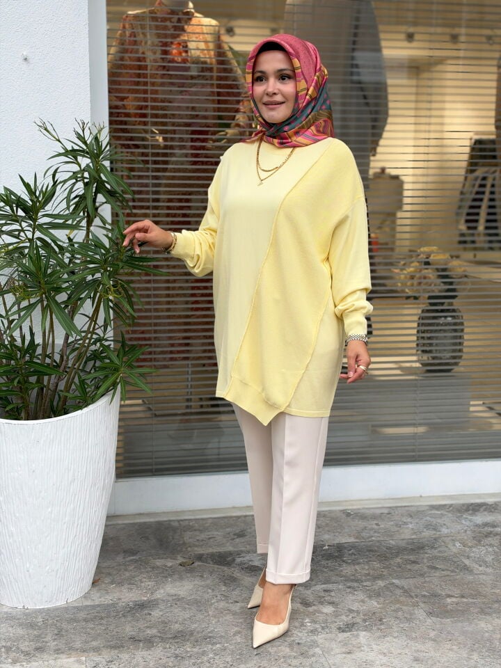 TIĞ TRİKO ÖRGÜ DETAYLI RAYON TUNİK SARI