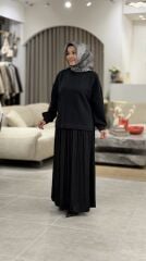 TIĞ TRİKO SATEN KURDELA DETAYLI ETEKLİ TAKIM SİYAH