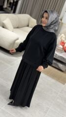 TIĞ TRİKO SATEN KURDELA DETAYLI ETEKLİ TAKIM SİYAH