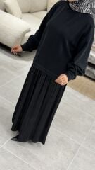 TIĞ TRİKO SATEN KURDELA DETAYLI ETEKLİ TAKIM SİYAH