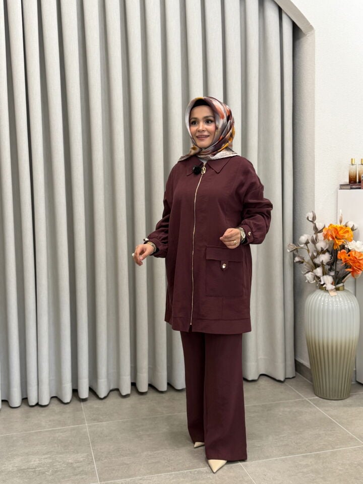 ARMİNE TREND TENCEL PANTALONLU TAKIM BORDO