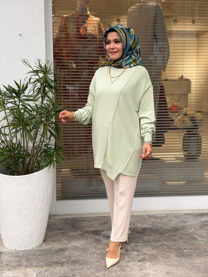 TIĞ TRİKO ÖRGÜ DETAYLI RAYON TUNİK MİNT YEŞİLİ