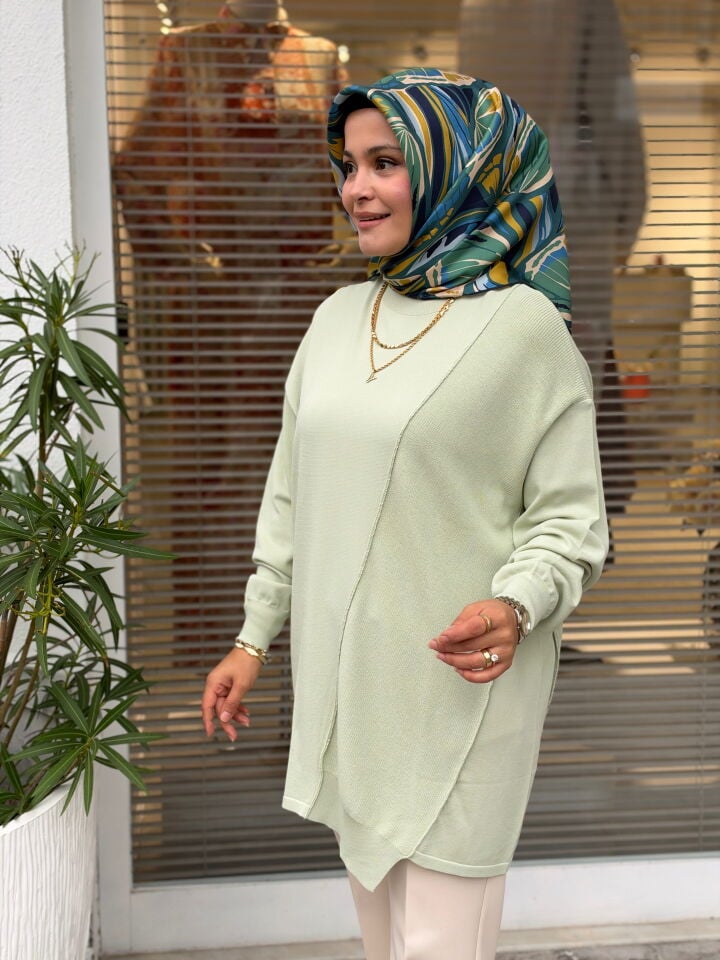 TIĞ TRİKO ÖRGÜ DETAYLI RAYON TUNİK MİNT YEŞİLİ