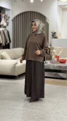 TIĞ TRİKO SATEN KURDELA DETAYLI ETEKLİ TAKIM KAHVE