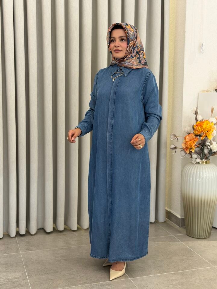 AYŞE AKAY TENCEL KOT TAM BOY GÖMLEK AÇIK MAVİ