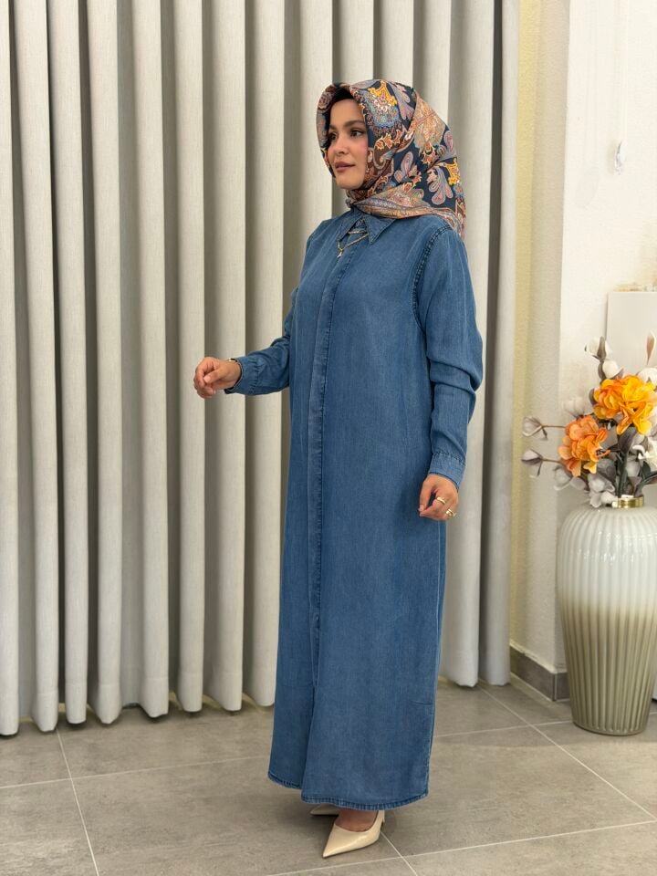AYŞE AKAY TENCEL KOT TAM BOY GÖMLEK AÇIK MAVİ