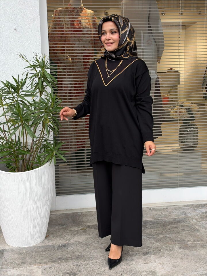 TIĞ TRİKO ZİNCİR ŞERİT DETAYLI RAYON TUNİK SİYAH