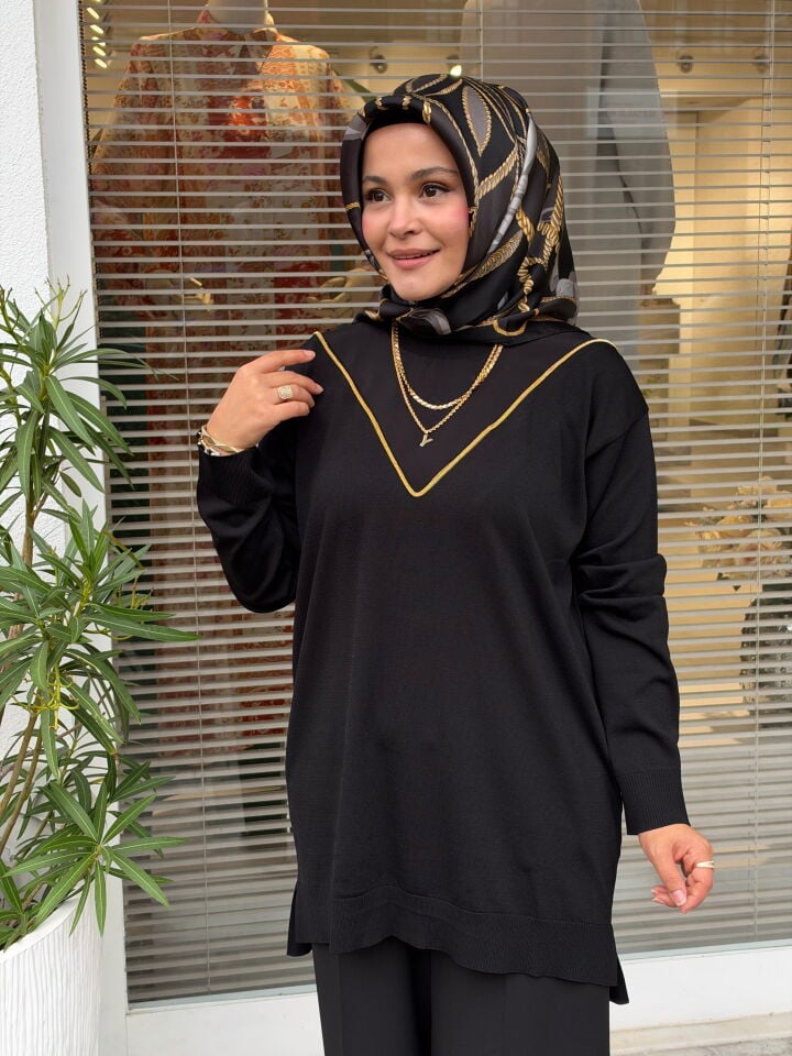 TIĞ TRİKO ZİNCİR ŞERİT DETAYLI RAYON TUNİK SİYAH