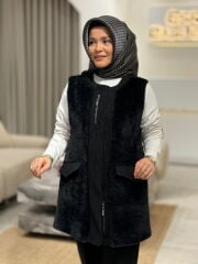 TIĞ TRİKO KÜRK KOMBİNLİ YELEK SİYAH