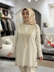 TIĞ TRİKO ÖNÜ V DETAYLI MERSERİZE TRİKO TUNİK BEJ