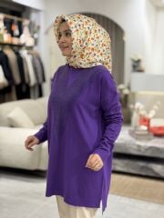 TIĞ TRİKO ÖNÜ V DETAYLI MERSERİZE TRİKO TUNİK MOR