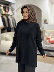 TIĞ TRİKO ÖNÜ V DETAYLI MERSERİZE TRİKO TUNİK SİYAH