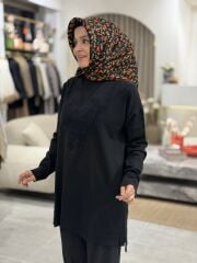 TIĞ TRİKO ÖNÜ V DETAYLI MERSERİZE TRİKO TUNİK SİYAH