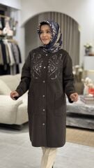 TIĞ TRİKO NAKIŞ DETAYLI SÜET KAP KAHVE