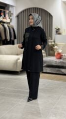 ESSWAAP ÖRGÜ DESEN DERİ GARNİLİ KREP PANTOLONLU TAKIM