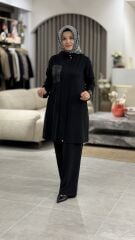 ESSWAAP ÖRGÜ DESEN DERİ GARNİLİ KREP PANTOLONLU TAKIM