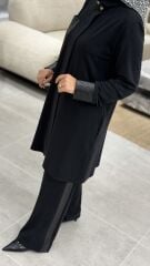 ESSWAAP ÖRGÜ DESEN DERİ GARNİLİ KREP PANTOLONLU TAKIM